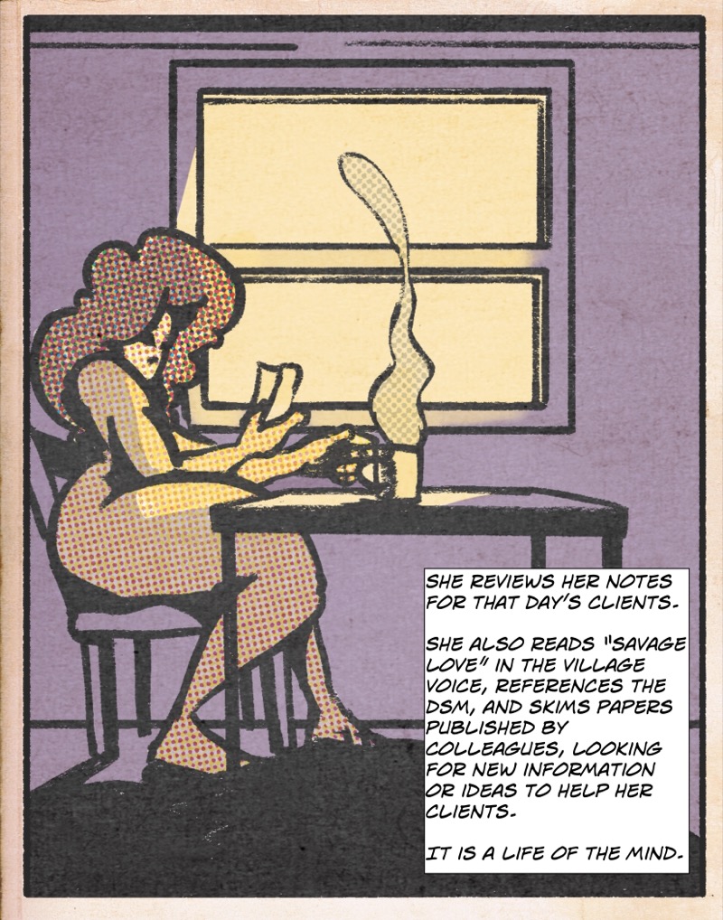 Digital illustration by Deaddie Mercury of Maxine Moore drinking coffee in the sunlight