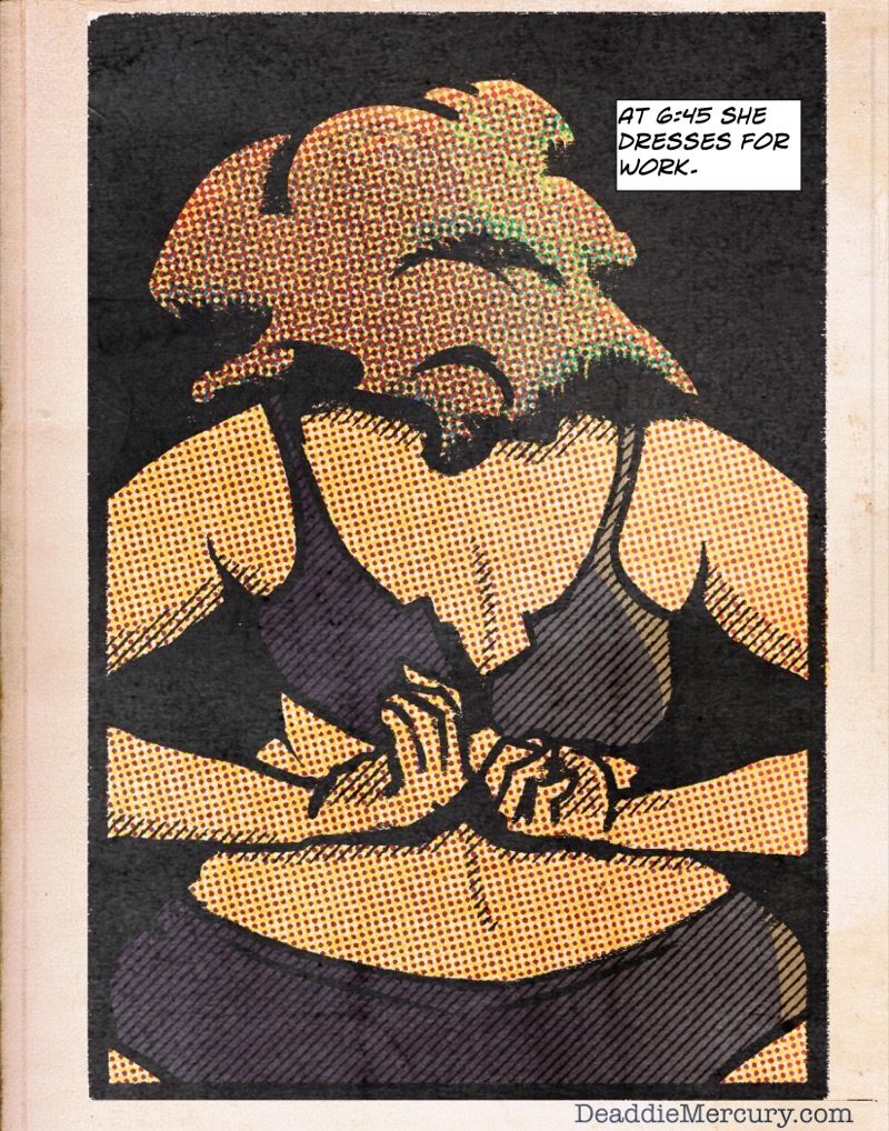 Digital illustration by Deaddie Mercury of Maxine Moore putting on a bra