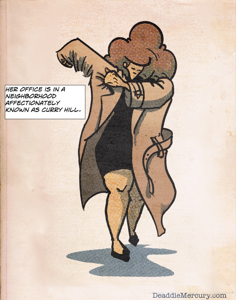 Digital illustration by Deaddie Mercury of Maxine Moore putting on a trench coat