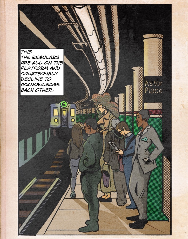 Digital illustration by Deaddie Mercury of Maxine Moore waiting for an uptown number six train