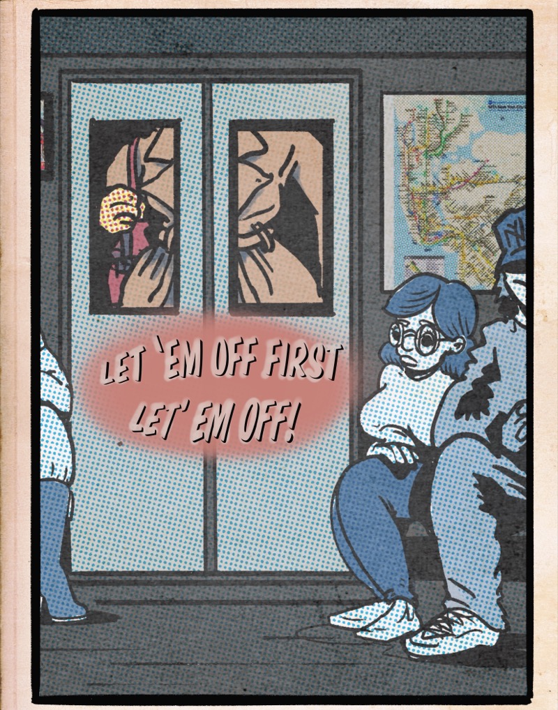 Digital illustration by Deaddie Mercury of Maxine Moore new york city commuters 