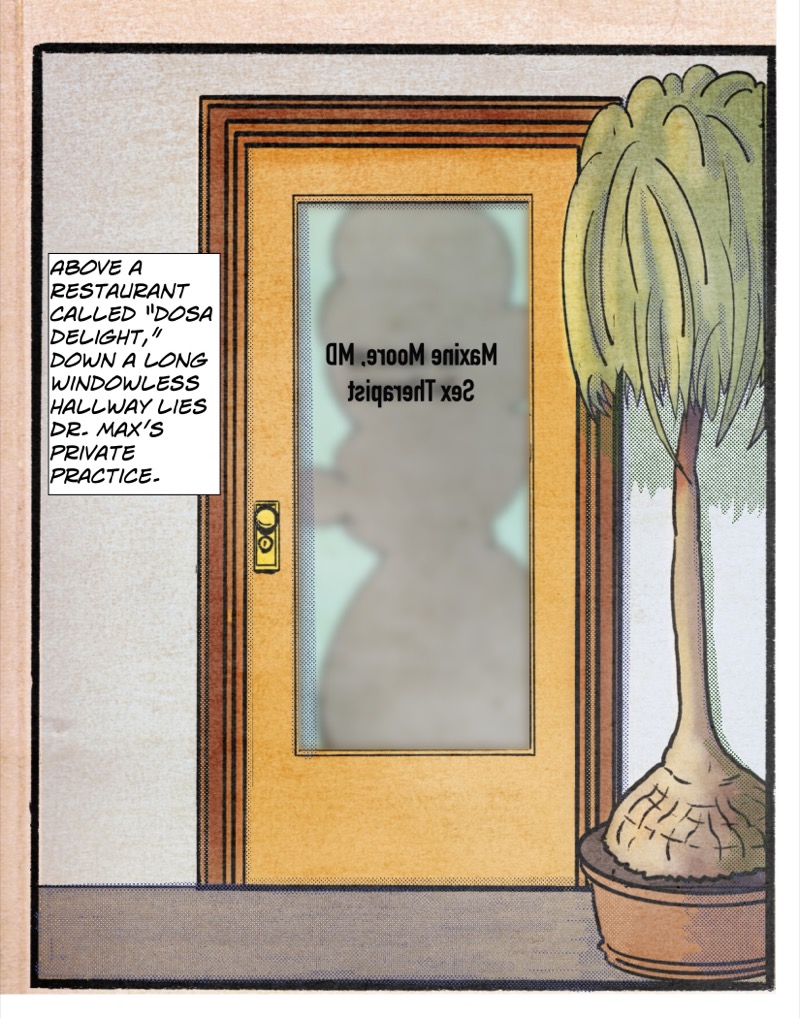 Digital illustration by Deaddie Mercury of Maxine Moorein her office