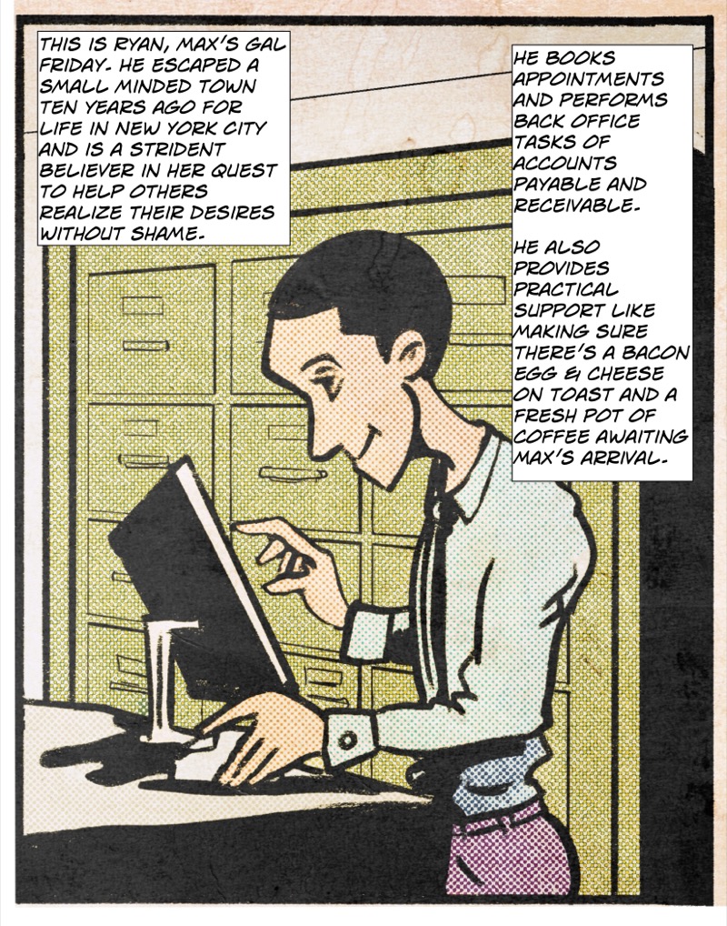 Digital illustration by Deaddie Mercury of Maxine Moorein her office