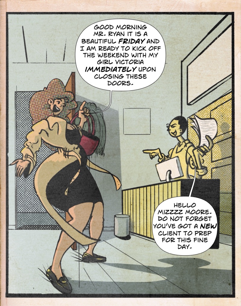 Digital illustration by Deaddie Mercury of Maxine Moorein her office