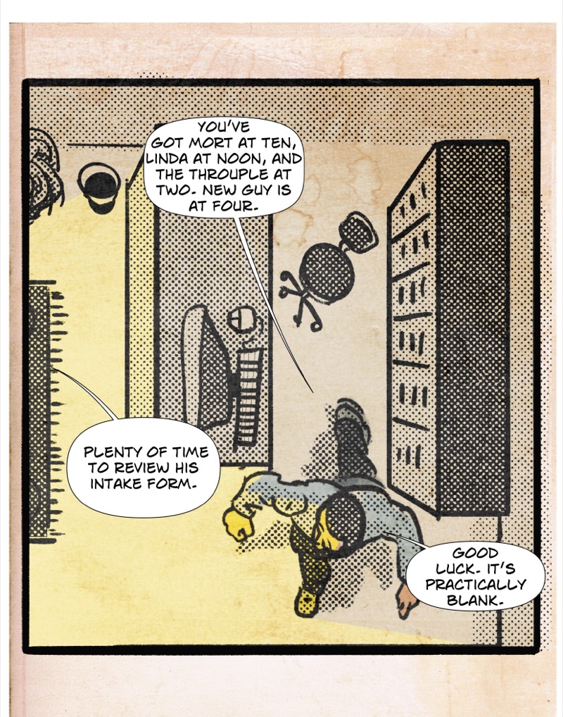 Digital illustration by Deaddie Mercury of Maxine Moorein her office