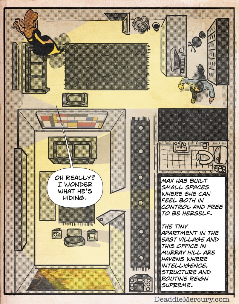 Digital illustration by Deaddie Mercury of Maxine Moorein her office