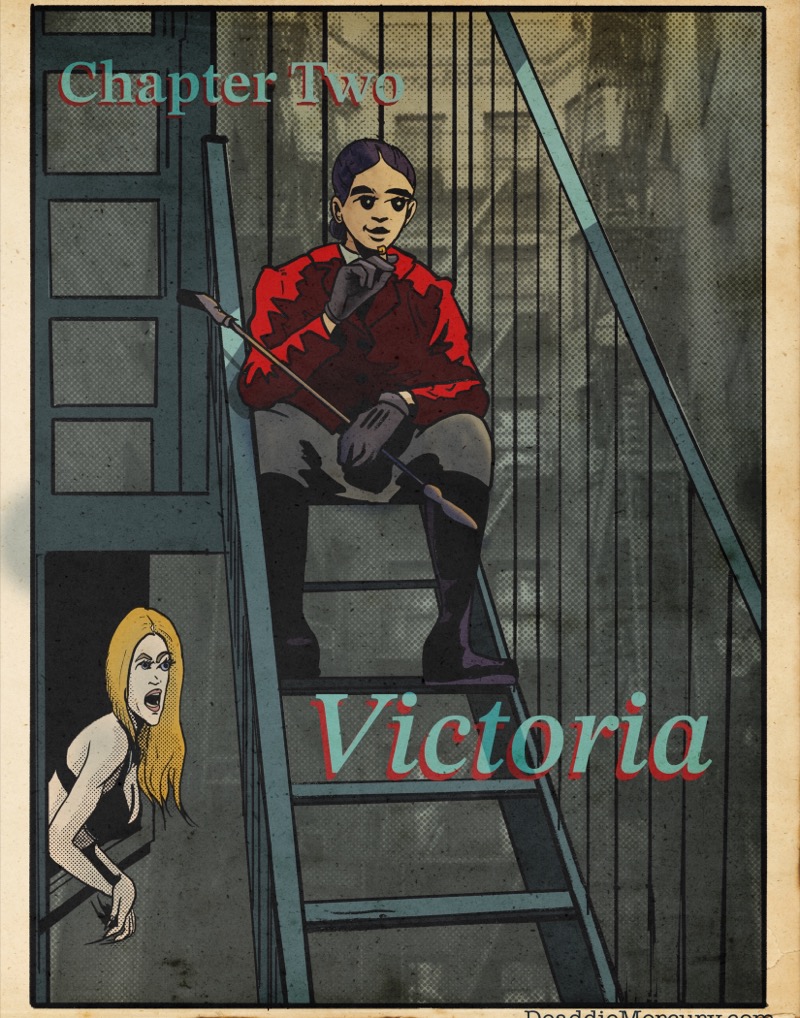 Digital illustration by Deaddie Mercury of mistress Victoria smoking a cigarette on a new york city fire escae