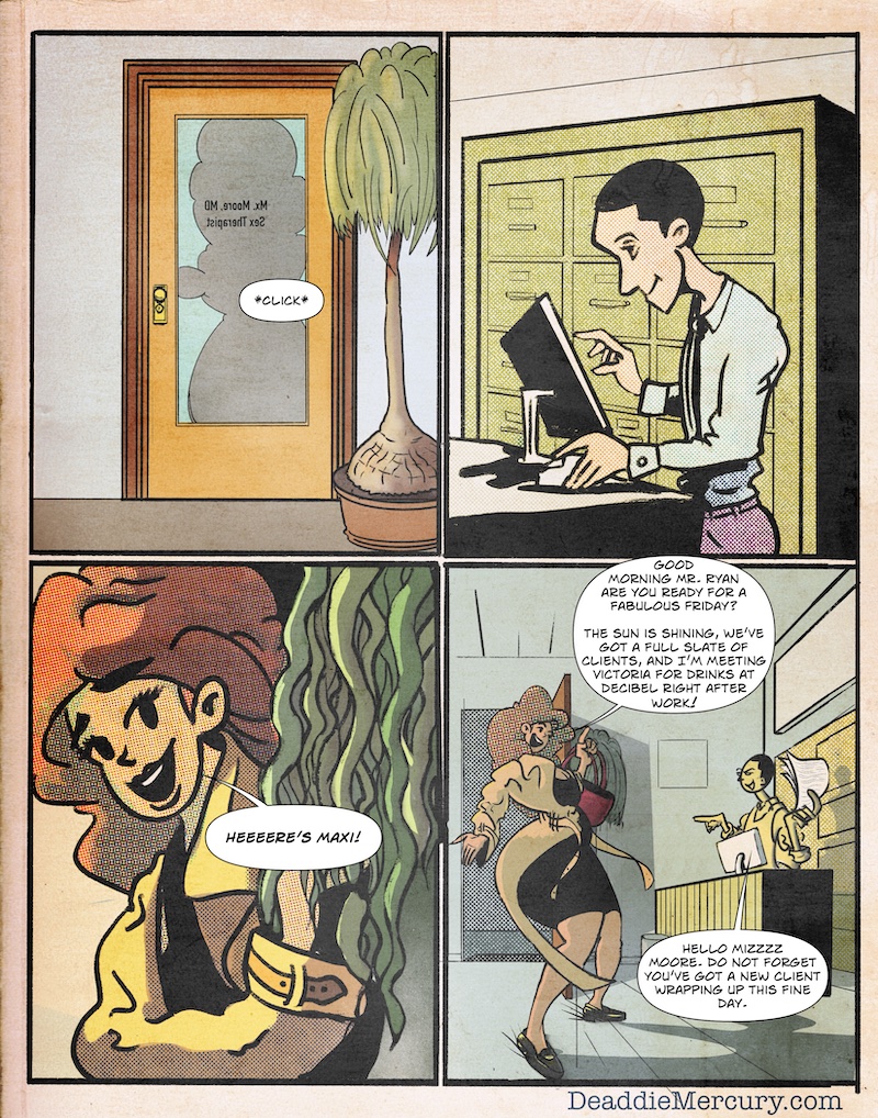 Digital illustration by Deaddie Mercury showing a tall voluptuous woman entering her place of business