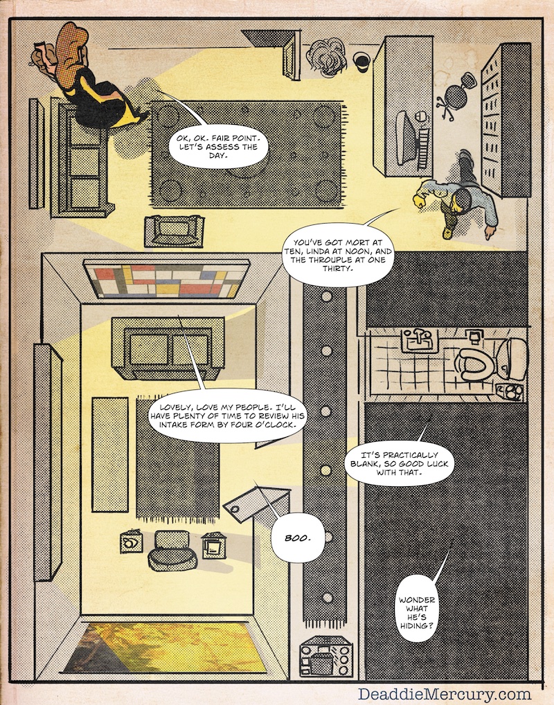 Digital illustration by Deaddie Mercury of Maxine Moore in her sex therapy office with her assistant Ryan