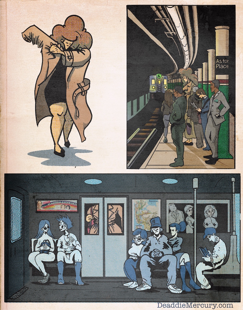 Digital drawing illustration of Dr. Maxine Moore riding the NYC subway from the East Village from the ensemble adult graphic novel bdsm love story Sessions. Drawn in a retro comic style with heavy black lines and CMYK coloring