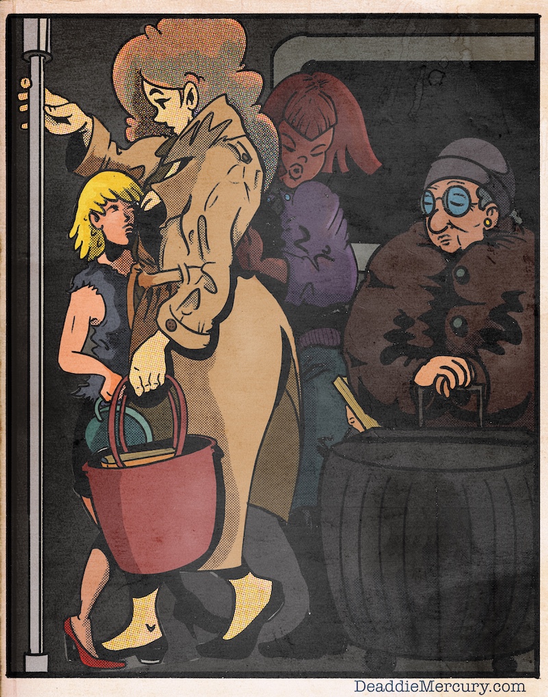 Digital drawing illustration of Dr. Maxine Moore from the ensemble adult graphic novel bdsm love story Sessions. Drawn in a retro comic style with heavy black lines and CMYK coloring. Standing uncomfortably close between three women