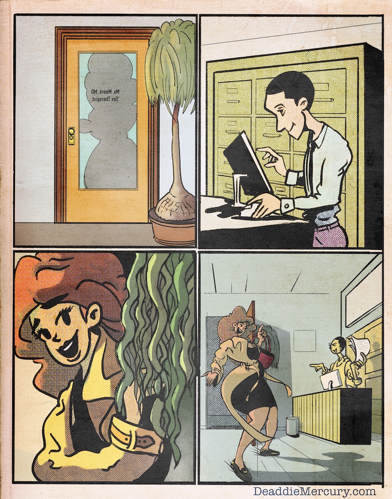 Digital drawing illustration of Dr. Maxine Moore from the ensemble adult graphic novel bdsm love story Sessions. Entering her place of business and greeting her employee Ryan. Drawn in a retro comic style with heavy black lines and CMYK coloring