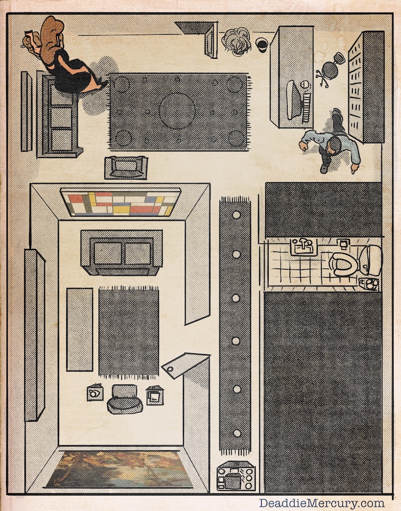 Establishing shot of therapist waiting room and office. Stylized architecture and minimalist color palette. Digital drawing illustration of Dr. Maxine Moore from the ensemble adult graphic novel bdsm love story Sessions. Drawn in a retro comic style with heavy black lines and CMYK coloring
