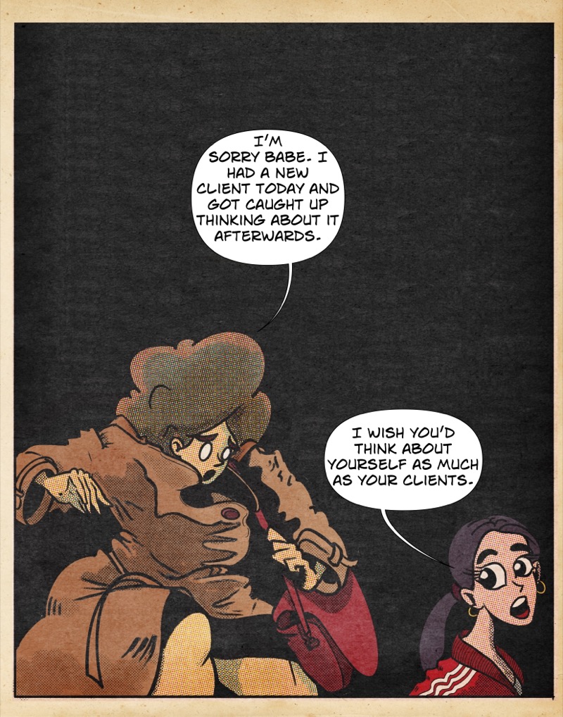 artistic digital illustration by deaddie mercury of two women walking down a dark stairwell