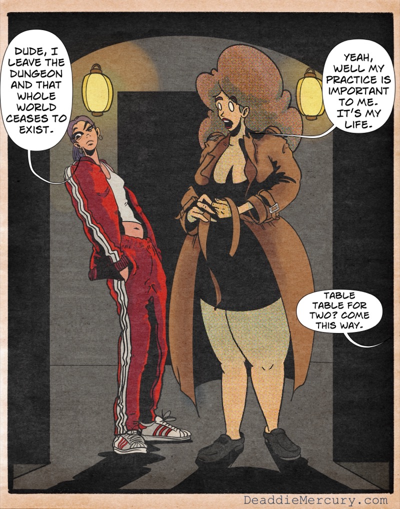 artistic digital illustration by deaddie mercury of two tall women waiting for a seat in a sake bar