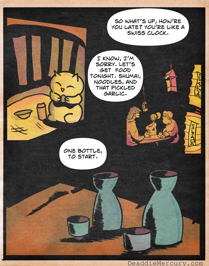 artistic digital illustration by deaddie mercury of scenes from a sake bar