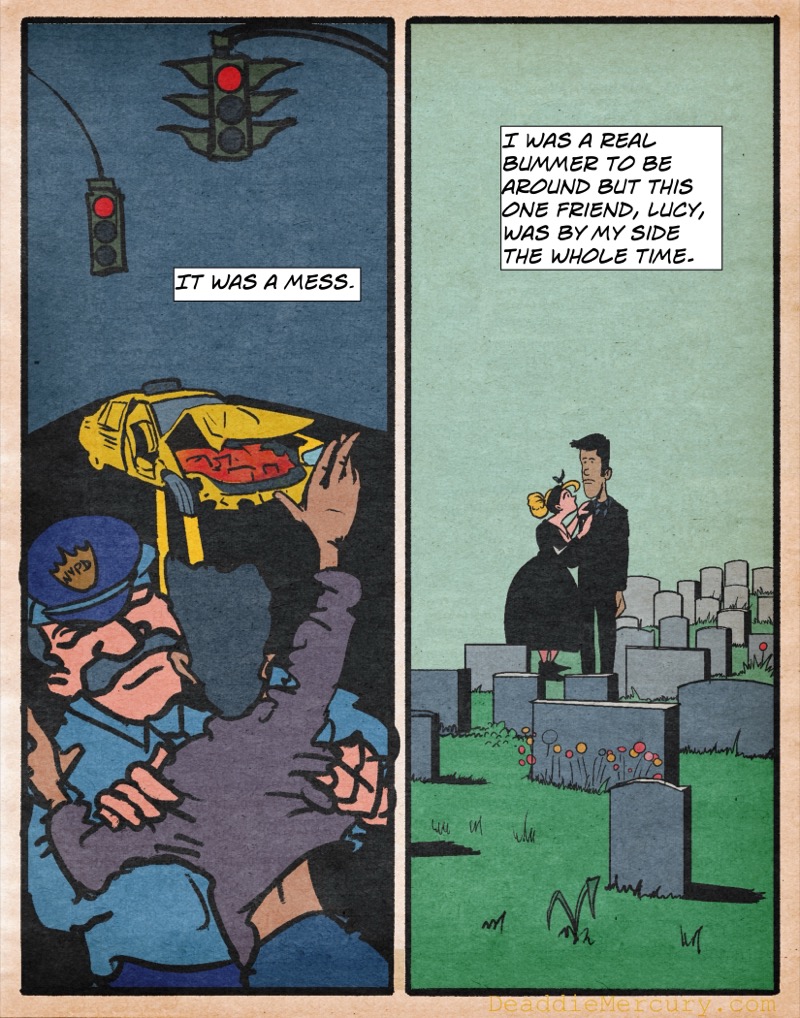 artistic digital illustration by deaddie mercury of a young man's parents tragically dying and attending the burial with his female friend