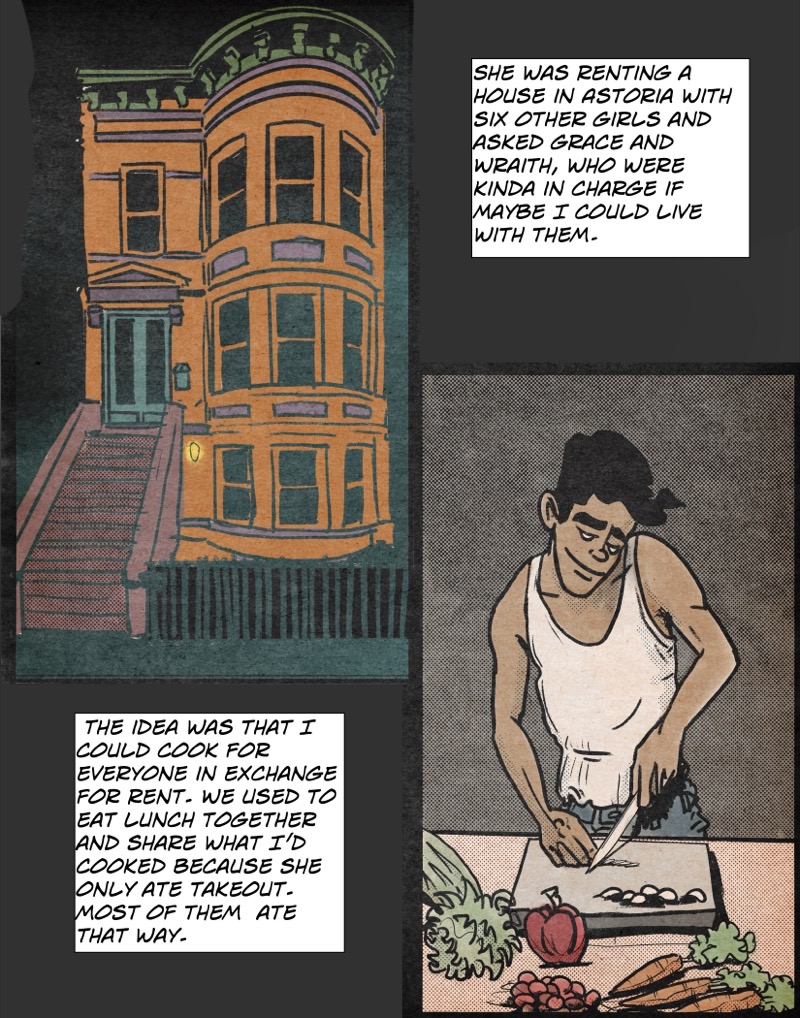 artistic digital illustration by deaddie mercury of a row house in astoria queens and a young man chopping vegetables
