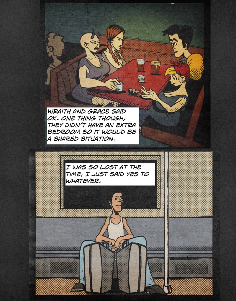 artistic digital illustration by deaddie mercury of a man and three women talking at a bar and riding the subway with two suitcases