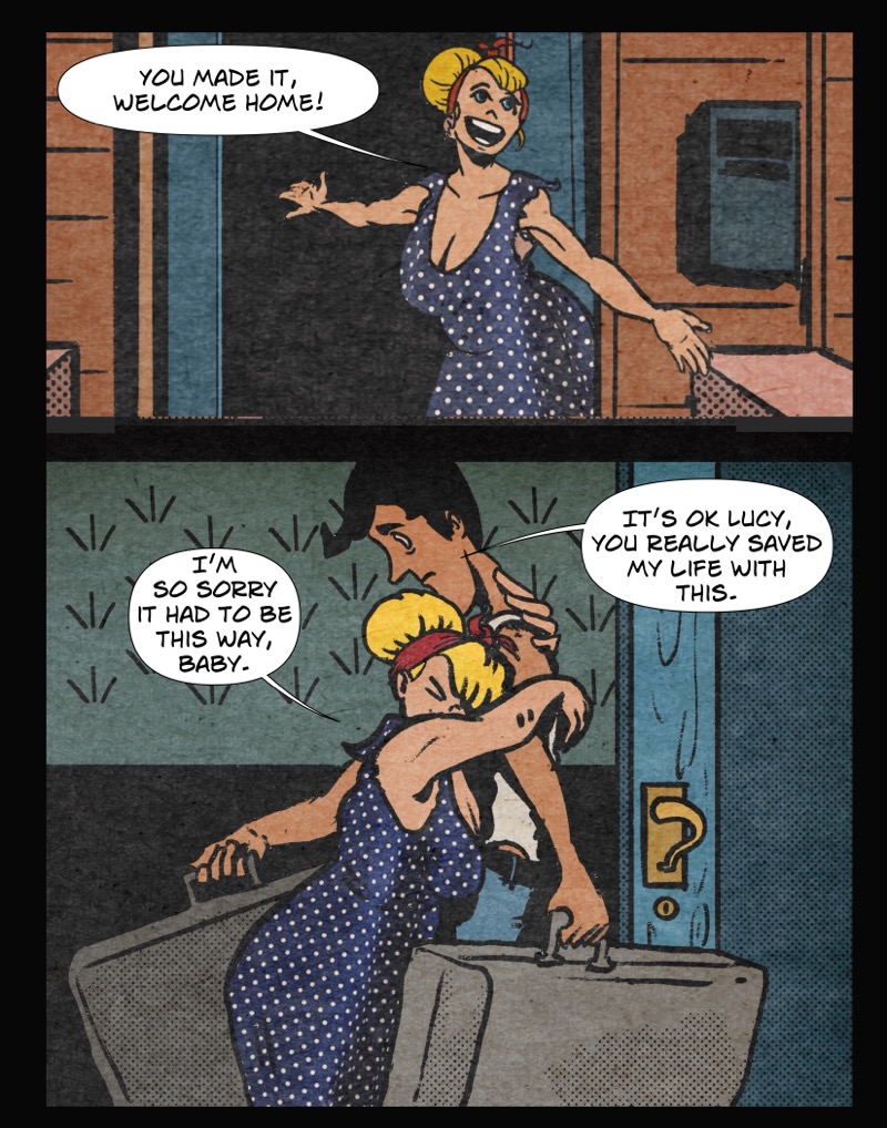 artistic digital illustration by deaddie mercury of a woman in a polka dot dress hugging a man