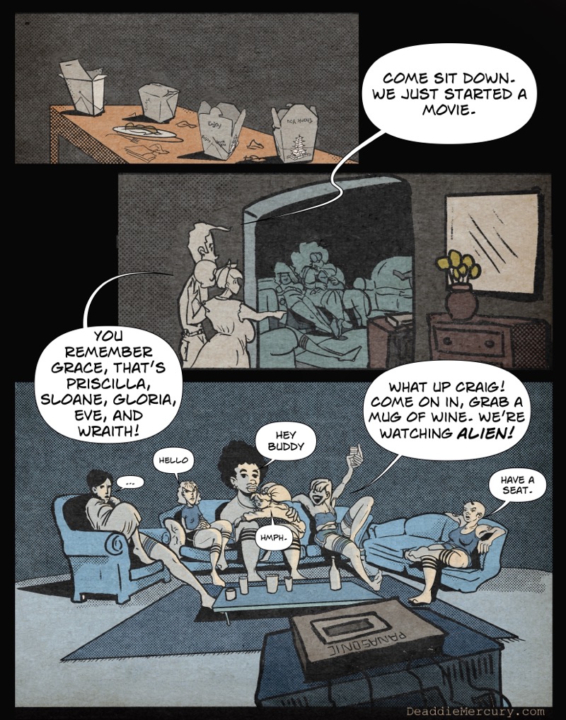 artistic digital illustration by deaddie mercury of seven women watching television