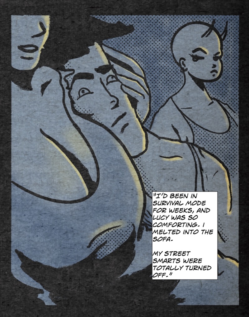 artistic digital illustration by deaddie mercury of a man cuddled up agains a woman's large breasts