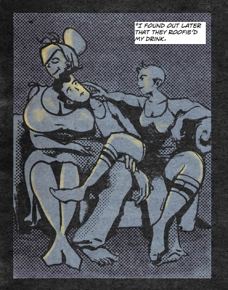 artistic digital illustration by deaddie mercury of a man leaning on a woman's breasts while another woman drapes her leg over his lap