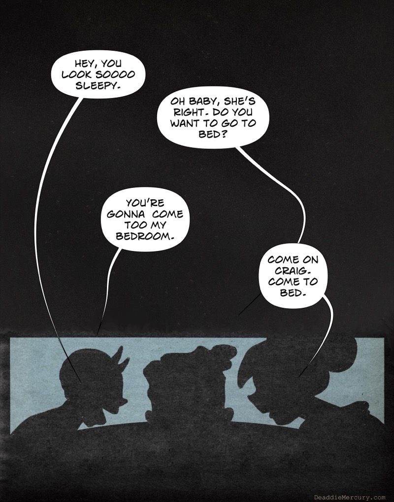 artistic digital illustration by deaddie mercury of a silhouette of a man between two goth women