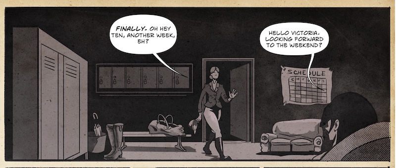 Digital illustration by Deaddie Mercury of Mistress Wiki and MIstress Ten after work at a bdsm dungeon