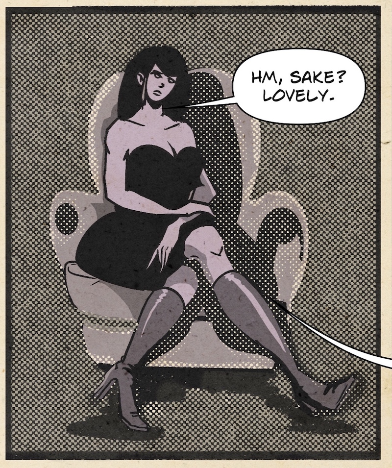 Digital illustration by Deaddie Mercury of Mistress Wiki and MIstress Ten after work at a bdsm dungeon