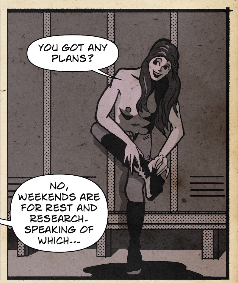 Digital illustration by Deaddie Mercury of Mistress Wiki and MIstress Ten after work at a bdsm dungeon