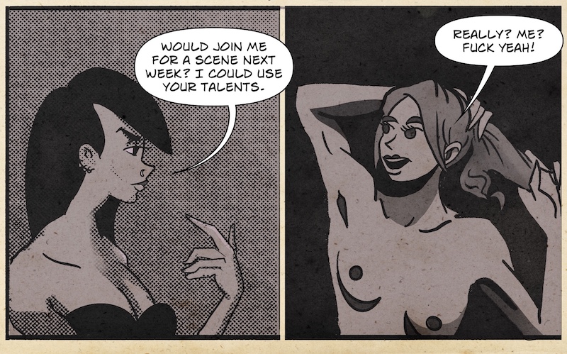 Digital illustration by Deaddie Mercury of Mistress Wiki and MIstress Ten after work at a bdsm dungeon