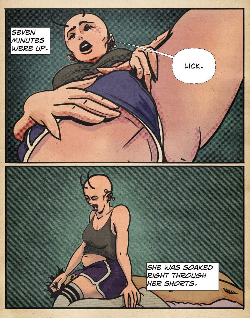 Artistic digital illustration by Deaddie Mercury of a woman in retro side stripe shorts straddling a man's face