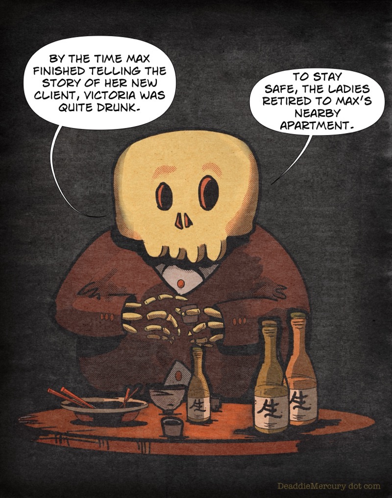 Digital illustration by Deaddie Mercury in a sake bar addressing the reader