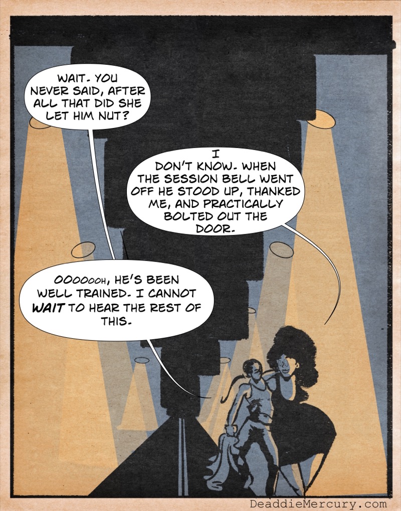 Digital illustration by Deaddie Mercury of Maxine and Victoria walking down a street in the east village at night while stylized streetlights stream down on them