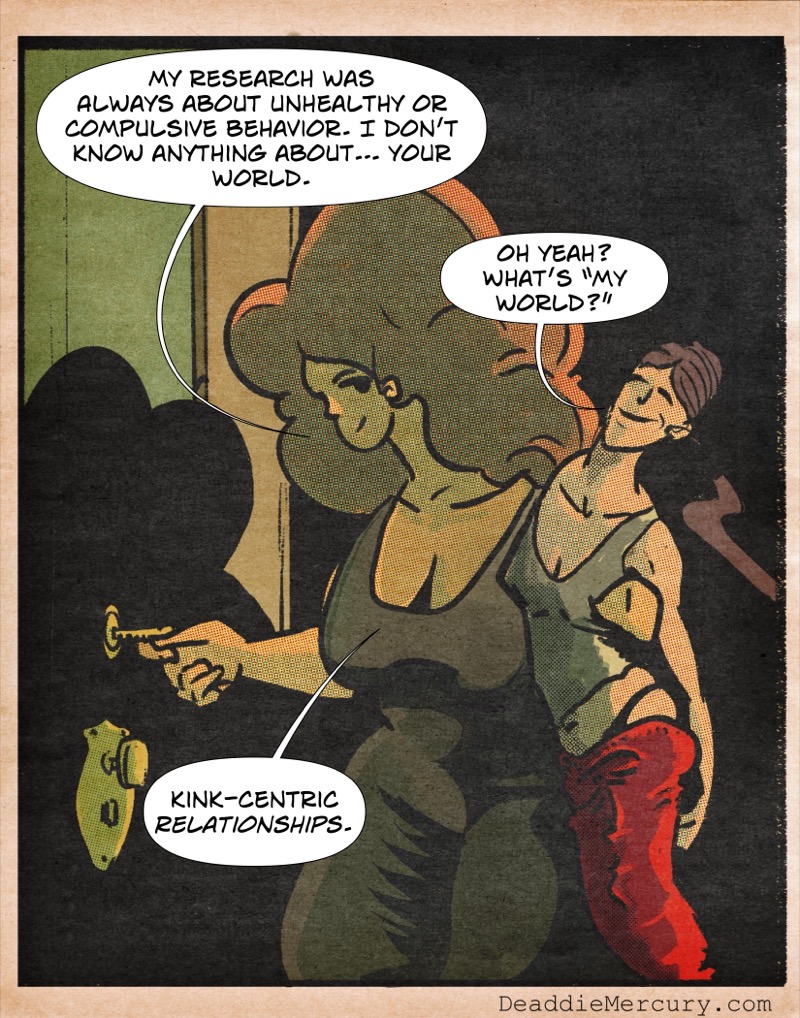 Digital illustration by Deaddie Mercury of Maxine holding up Victoria while unlocking her front door 