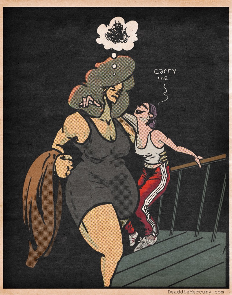 Digital illustration by Deaddie Mercury of Victoria asking Maxine to carry her up the stairs