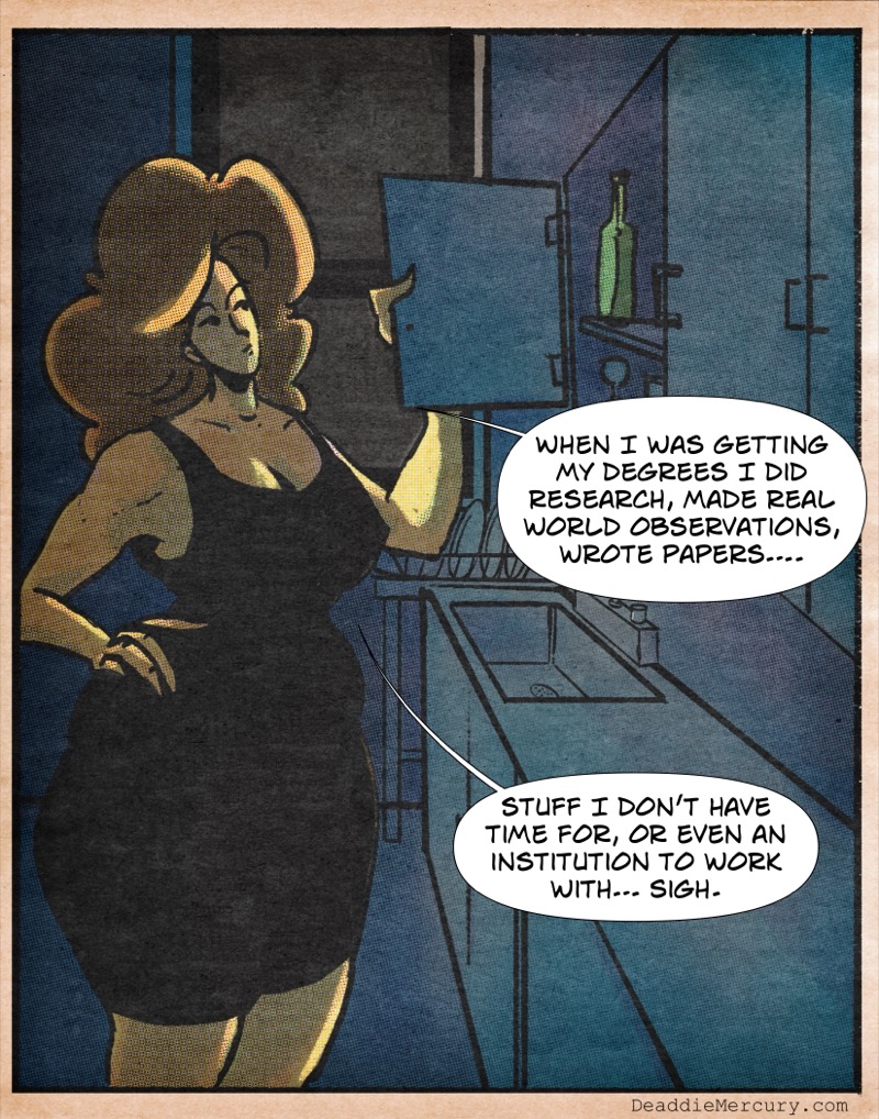 Digital illustration by Deaddie Mercury of Maxine looking in a cabinet for a bottle of wine