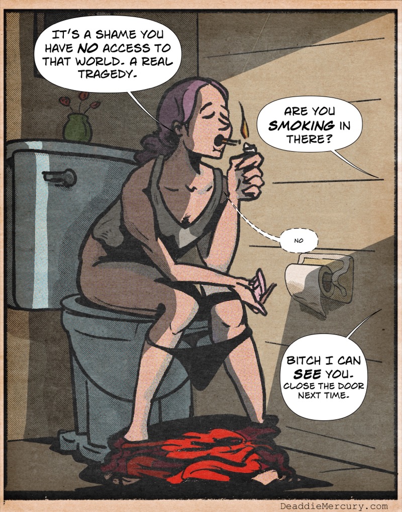 Digital illustration by Deaddie Mercury of Victoria sitting on a toilet with track pants around her ankles, a thong around her legs, and lighting a cigarette