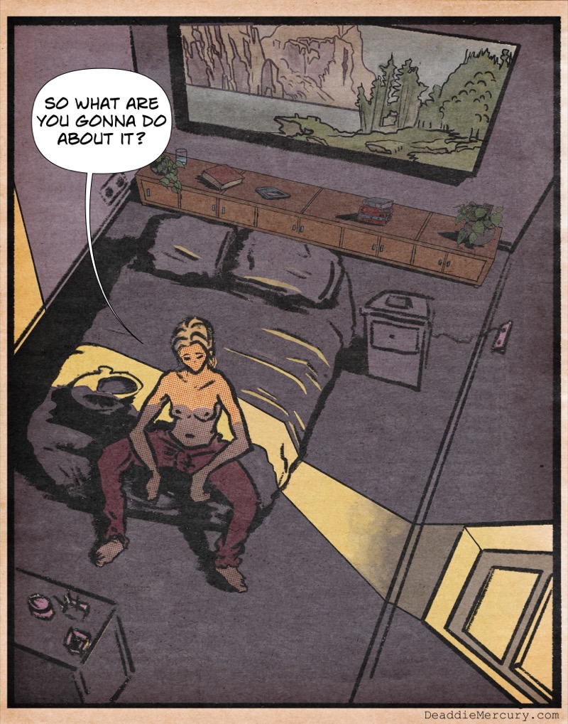 Digital illustration by Deaddie Mercury of Victoria sitting on Maxine's bed with her shirt off