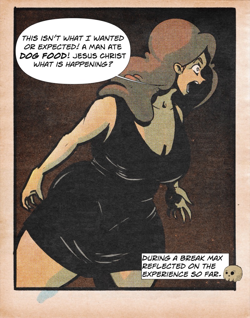 Artistic digital illustration by Deaddie Mercury of Dr. Max in a form fitting black dress. She is distressed and yelling at her friend Victoria