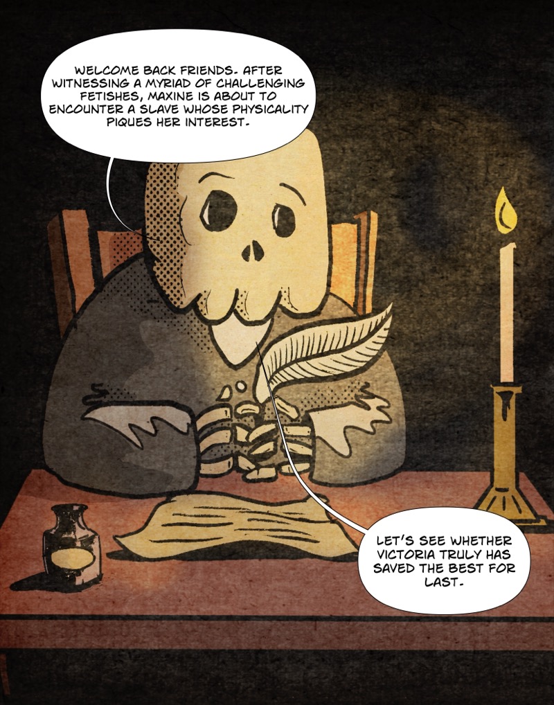 Artistic digital illustration by Deaddie Mercury of the author sitting at a desk with a quill and ink and candle 