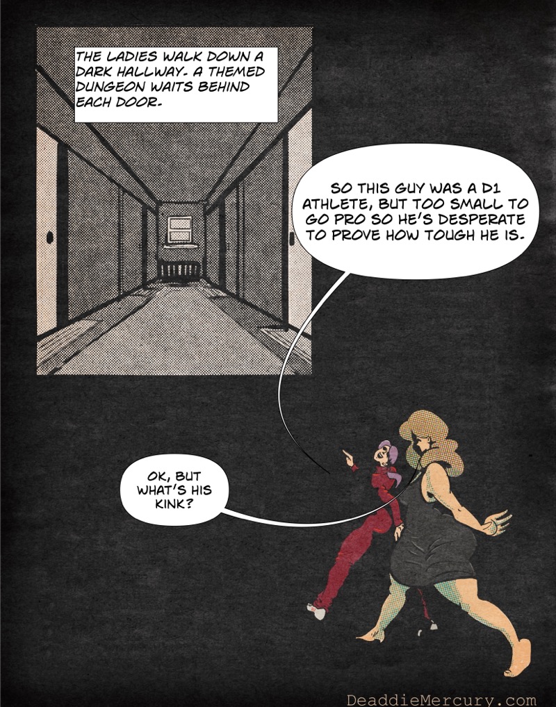 Artistic digital illustration by Deaddie Mercury of Maxine and Victoria walking down a long dark hallway