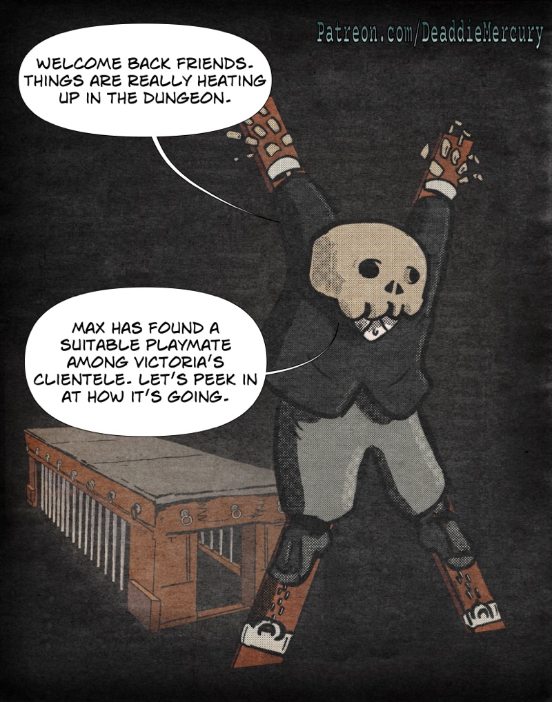 Artstic retro comic style digital illustration by Deaddie Mercury of himself stretched out on a St. Andrew's Cross BDSM toy