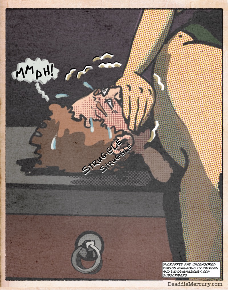Artstic retro comic style digital illustration by Deaddie Mercury of Dr. Maxine Moore sitting on a man's chest, covering his mouth with her hand. She is wearing green panties and he is sweating and struggling to breathe