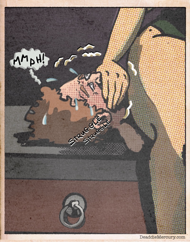 Artstic retro comic style digital illustration by Deaddie Mercury of Dr. Maxine Moore sitting on a man's chest with her hand covering his mouth and nose
