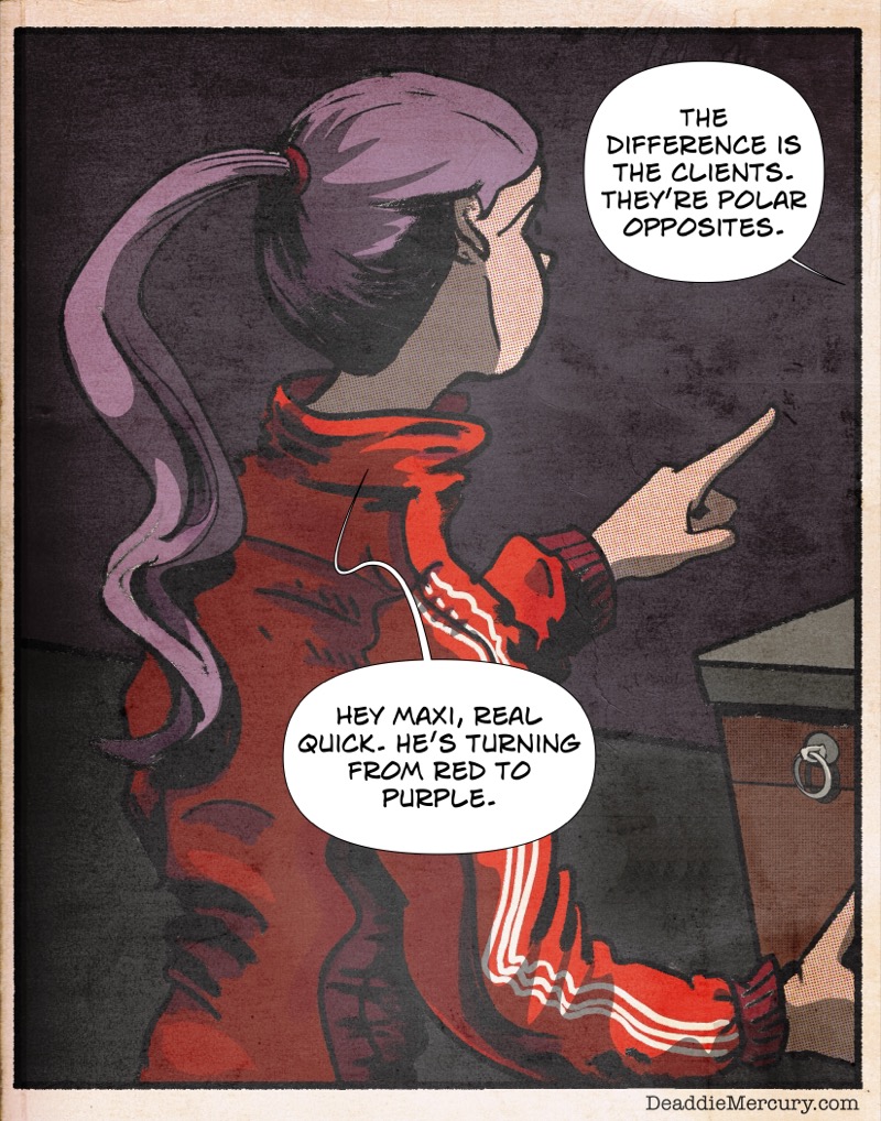 Artstic retro comic style illustration by Deaddie Mercury of Mistress Wiki in a red Adidas track suit