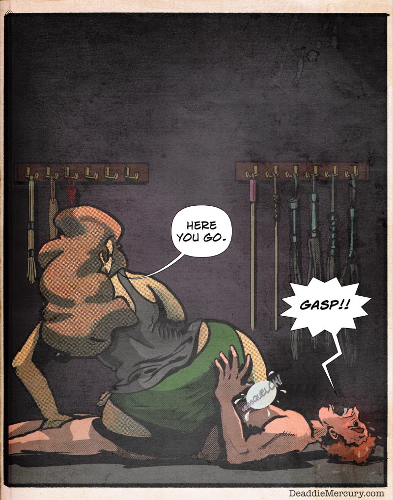 Artstic retro comic style digital illustration by Deaddie Mercury of Dr. Maxine Moore sitting on a naked man's chest and hips as he gasps for air