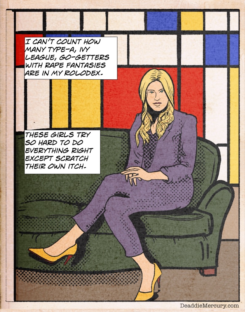 Artstic retro comic style digital illustration by Deaddie Mercury of a blonde woman in a business suit sitting on a couch with a Mondrian painting behind her