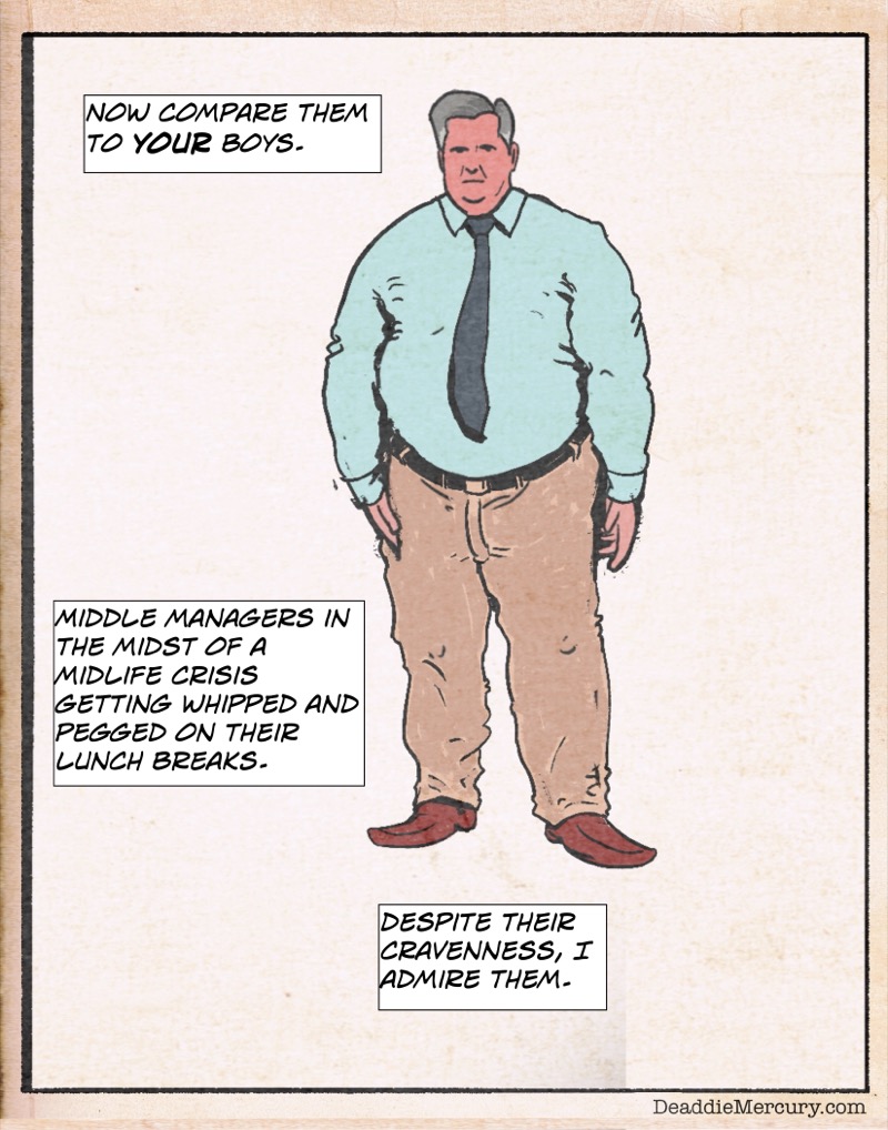 Artstic retro comic style digital illustration by Deaddie Mercury of a chubby middle management man